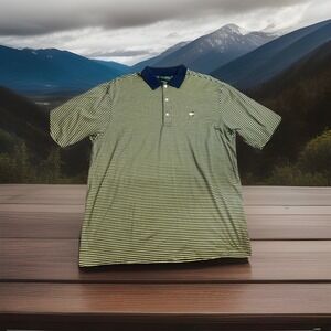 Amen Corner Masters Mens Large Polo Shirt Yellow Navy Blue Striped Mercerized L